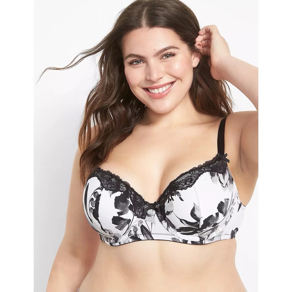 Cacique Lace‎ Trim Boost Balconette Bra Plus Size 46DD Smooth White Black Floral